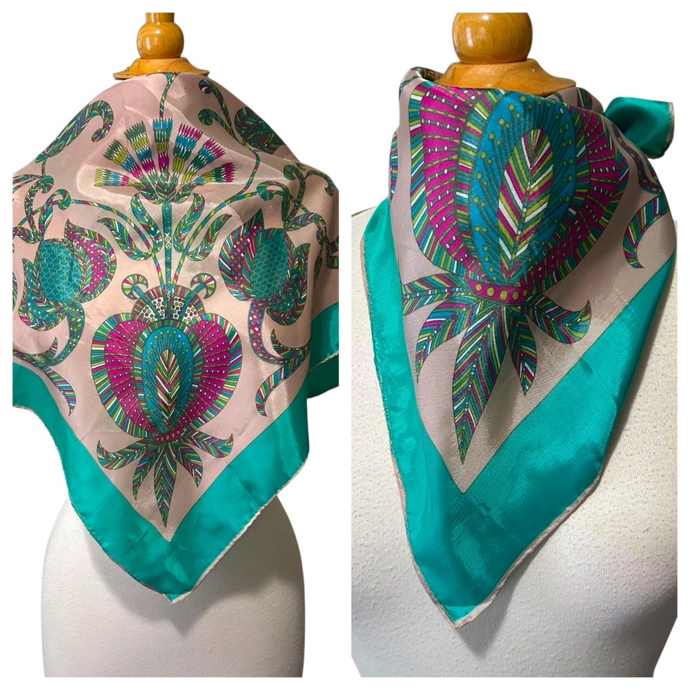 Vintage Floral Square Silk Scarf with Hand Rolled Hem